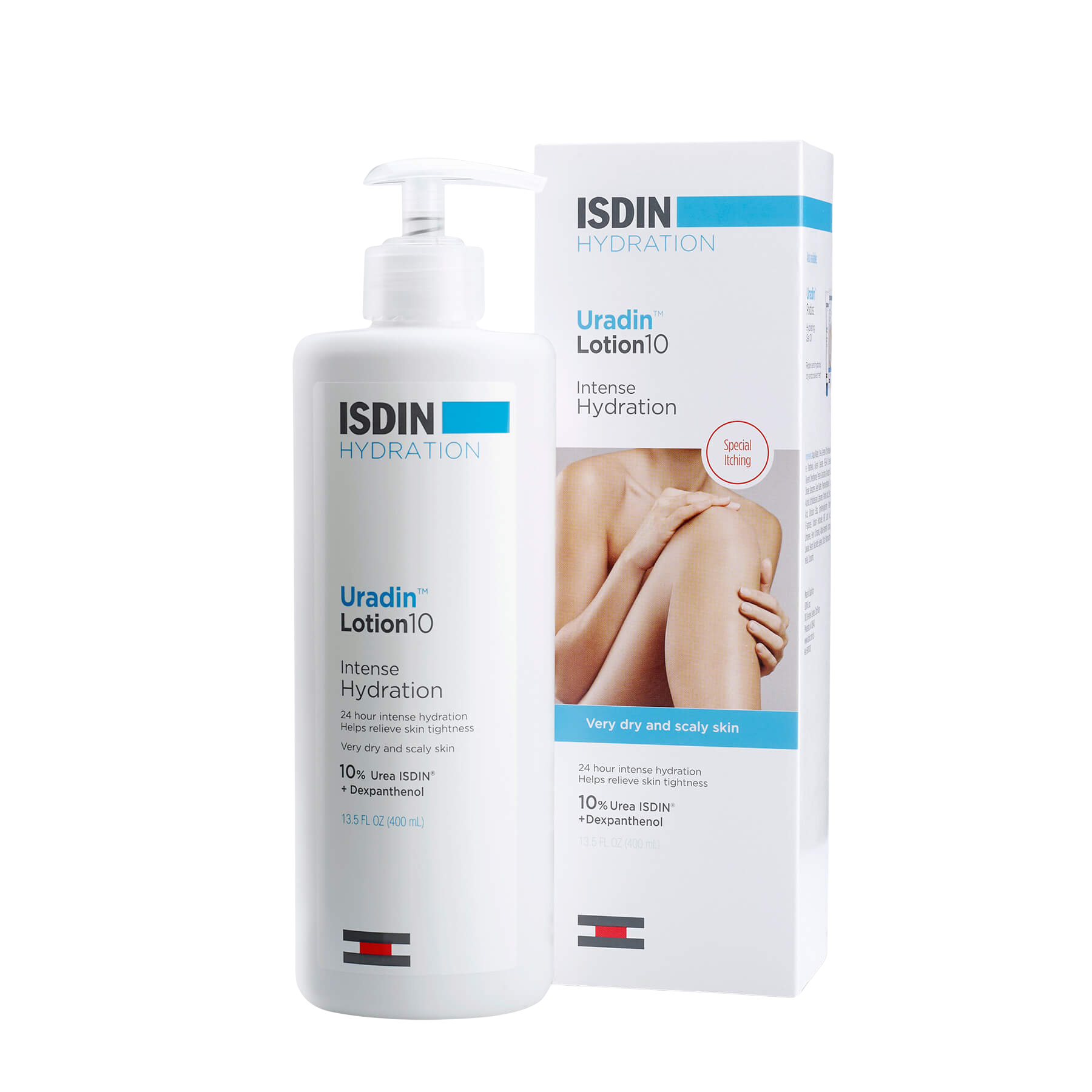 ISDIN Uradin Lotion in 400 ml bottle, a deeply moisturizing body lotion formulated to relieve dry and rough skin.