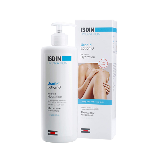 ISDIN Uradin Lotion in 400 ml bottle, a deeply moisturizing body lotion formulated to relieve dry and rough skin.
