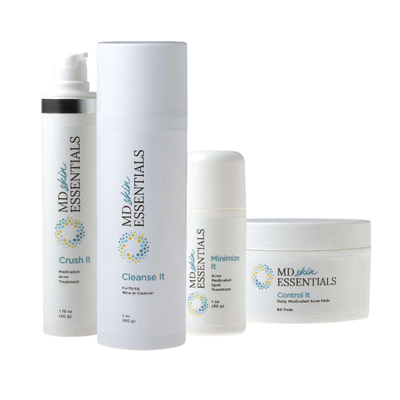MD Skin Essentials CORE 4 skincare kit, a four-step routine designed to cleanse, treat, hydrate, and protect the skin.