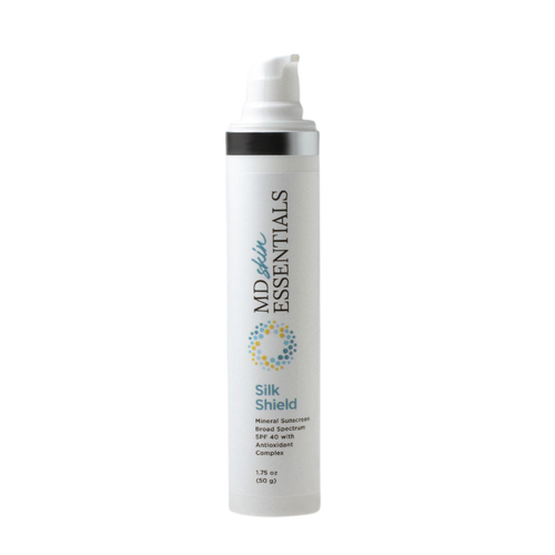 MD Skin Essentials Silk Shield SPF 40 sunscreen in 50 g size, offering broad-spectrum sun protection with a lightweight finish.